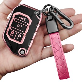 Sindeda Jeep Key Fob Cover with Keychain Soft Full Protection Key Case Compatible with Gladiator JT Sahara JLU 2018-2023 Wrangler JL JLU Rubicon (Pink)