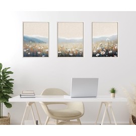 Kate and Laurel Sylvie Traditional Painterly Summer Meadows Framed Canvas Wall Art Set by The Creative Bunch Studio, 3 Piece Set Beaded White, Soft Prairie Flowers Art for Wall