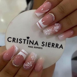 White Press on Nails Coffin False Nails Medium Fake Nails White Flower Acrylic Nails French Tip Press on Nails Gradient Pink White Stick on Nails with Rhinestone Design Spring Summer Artificial Nails
