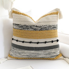 BlissBlush Yellow Mustard Decorative Throw Pillow Cover 20x20 Square Boho Accent Pillowcase Tassels Farmhouse Cushion for Couch Sofa Bedroom Living Room Home Décor Cover ONLY