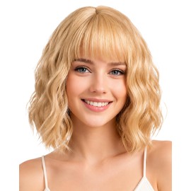 Gold Bob Wigs with Bangs 12 Inch Short Wavy Wig Natural looking for Women
