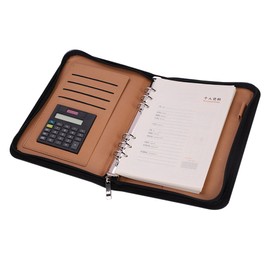 LONTG Zipped Notebook with Calculator Personal Organiser Conference Folder Portfolio A5 Leather Notebook Notepad Refillable Binder Notebook Executive Notebook with Documents Cards Pockets Pen Slots