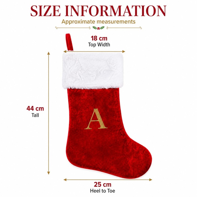 Letter M Red Christmas Stocking Embroidered Plush Xmas Stocking for