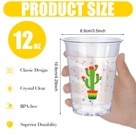 meekoo 200 Pack 12 oz Fiesta Cups Plastic Mexican Cups Clear Disposable Mug Cinco De Mayo Party Decorations for Fiesta Taco Birthday Party Drinkware Supplies, 4 Styles