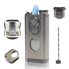 5-in-1 Cigar Lighter Built-in Cigar Punch, Holder, Cigar Draw Enhancer,Cigar Torch Lighter,3 Jet Flame Refillable Windproof Butane Lighters for Men Gift,Silver(Butane not Included)
