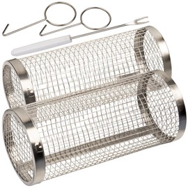 Rosenstein & Söhne Grill basket cylinder: set of 2 stainless steel grill baskets, stackable, incl. hooks and skewers (cylinder wire mesh grill basket, fish stainless steel, barbecue skewers)