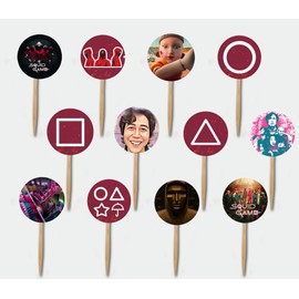 Calamari Game Cupcake picks- 12 pcs, Korean Drama Decals, Masked Men, Circle Square Triangle Umbrella Round Labels