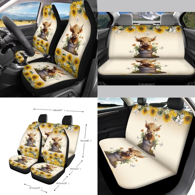 Wanyint Highland Cow Sunflower Car Front Back Seat Covers Full