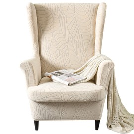 MIFXIN Wingback Chair Slipcover 2 Piece Stretch Wing Back Chair Cover with Cushion Cover Soft Washable Armchair Furniture Protector for Living Room Bedroom (Jacquard Beige)