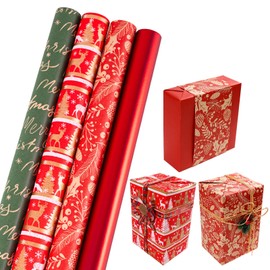 43cm×3m Christmas Wrapping Paper Rolls,4 Roll Package Christmas Wrapping Paper Gift Wrap Xmas Party with Christmas Pattern Recyclable Red Kraft Paper Roll for Christmas Party Wrap Decor