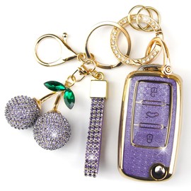 Rayslesan Sparkly Key Fob Cover with Cherry Keychain, Bling TPU Smart Key Case for Women, Compatible with VW Tiguan Passat (B7) Polo MK5 Touran Jetta (MK1-MK6) Beetle Scirocco (3-Button, Gold Purple)