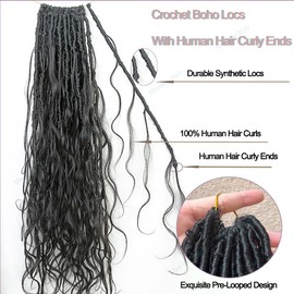Boho Faux Locs Human Hair Curls Crochet Bohemian Braids Human Hair Knotless Pre Looped Synthetic Goddess Braids With Human Hair Curly Ends Body Wave For Braiding Human Meadow hair 18Inch 48Locs