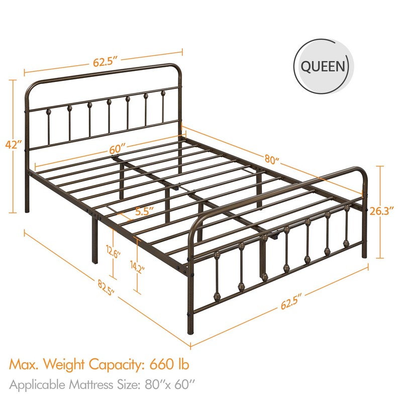 Topeakmart Queen Size Victorian Style Metal Bed Frame with Headboard/Mattress