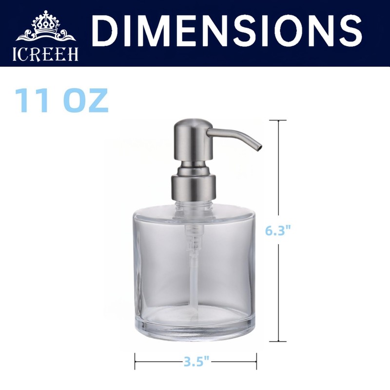 ICREEH Clear Glass Bathroom Soap Dispenser with Rust Proof Stainless
