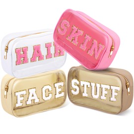 4 Pieces Chenille Letter Cosmetic Bag Set Nylon PVC Clear Waterproof Makeup Pouch Stuff Hair Travel Bag Zipper Multi Purpose Aesthetics Toiletry Organizer for Women Gym Travel Beach (Fresh Colors)
