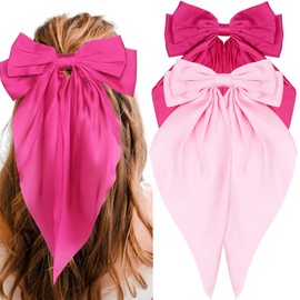 Pink Hair Bows for Women Girls, Hot Pink Bows for Hair Bow Clips, 2PCS Satin Hair Bows with Long Tail Alligator Hair Clips, Big Hair Bows for Girls Coquette Bows Hair Ribbon Accessories