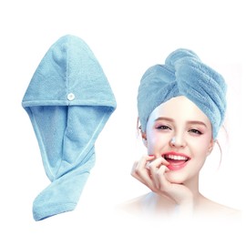 Xkzhrr Hair Turban Towel, Pack of 2 Button Hair Turban, Turban Hair Drying Towel with Button, Head Scarf Towel for Long Hair, Super Absorbent, Quick Drying Microfibre Towel (Blue)