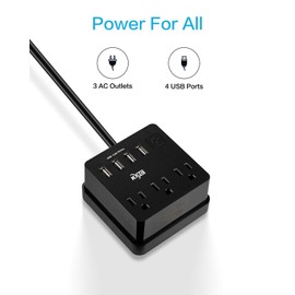 KMC 3-Outlet Travel Power Strip with USB Ports (4 USB-A), 5 ft Extention Cord with Multiple Outlets and USB Power Strip, Travel Extension Cord with USB Ports, Power Cube with USB Ports, Black