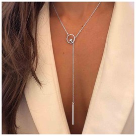 Yheakne Circle Cross Y Necklace Chain Silver Lariat Bar Pendant Necklace Rhinestone Cz Karma Necklace Chain Long Pull Through Necklace Jewelry for Women and Girls