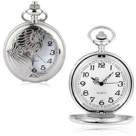 QttvbTna Classical Quartz Pocket Watch, Classical Sculptured Fob Pocket Watch, Numerals Antique Silver with Chain, Men Women Pocket Watches Pendant Gift for Birthday Anniversary Day Fathers Day