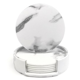 YUESUO Double-Sided Leather Coasters Set of 6 Pieces, Round Coasters for Drinks, Durable Non-Slip Insulative Waterproof Coasters Suitable for Regular Size Cups, Coffee Cups, Teacup (Marbling White)