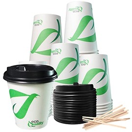 10 oz Compostable Paper Cups with Black Dome Lids and Wooden Stirrers - Biodegradable Disposable White Paper Coffee Cups PLA Lined - Eco-friendly Hot and Cold Drinking Cups (300)
