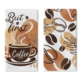 Croar But First Coffee Kitchen Dish Towels Set of 2, Boho Coffee Bean Drying Hand Towels Abstract Plant Baking Cooking Cloth, Bohemian Modern Minimalist Home Kitchen Decoration 18x26 Inch