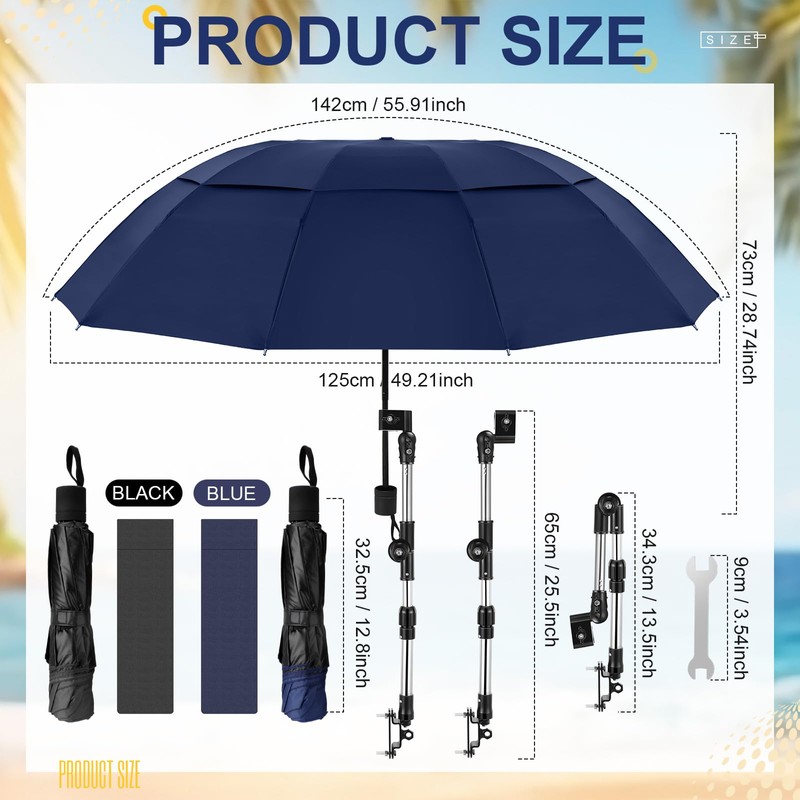 Clysee 2 Pcs Large Double Canopy Beach Chair Umbrella with