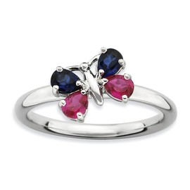 Sterling Silver Stackable Expressions Cr Ruby & Cr Sapphire Butterfly Ring