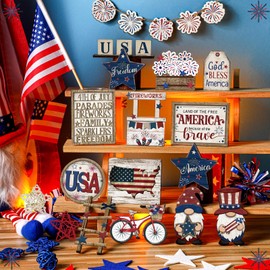 Seeloowy 20 Pcs 4th of July Patriotic Tiered Tray Decoration Memorial Day USA Flag Wood Signs Rustic Independence Day Wooden Tiered Tray Decorations for Labor Day Home Party(Vivid Style)