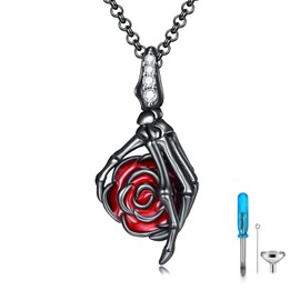 PELOVNY Skeleton Urn Necklace for Ashes 925 Sterling Silver Black Skull Rose Cremation Necklace Gothic Skull Hand Memorial Keepsake Jewelry Gifts for Women