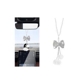 KHGUZ Bling Car Rear View Mirror Hanging Accessories, Crystal Rhinestone Bowknot Vehicle Rearview Charms, Diamond Plush Ball Automotive Interior Ornament Pendant, Universal Fit (White)