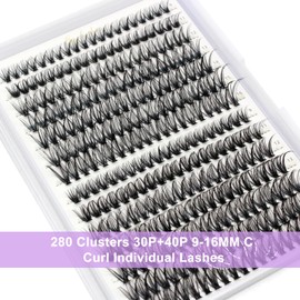 280pcs Individual Lashes Cluster Lashes C Curl DIY Natural Eyelash Extension Kit at Home Reusable Wispy Fluffy False Eyelashes Individual Russian Cluster Lashes Kit With a Tweezer(30P+40P, 9-16mm)