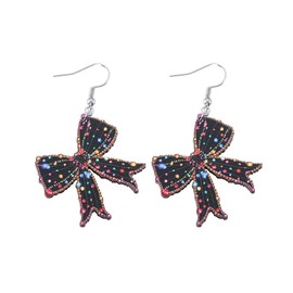 Christmas Bow Earrings for Women Cute Colorful Rhinestone Black Bowknot Dangle Earrings Lightweight Wooden Cartoon Earring Funny Christmas Jewelry Gifts (Black)