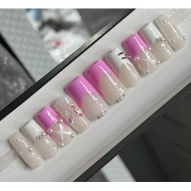 Handmade 🤍 CUSTOM Hard Gel Press On Nails, Bow Pink Nude   BLING 10p FULL SET W Kit