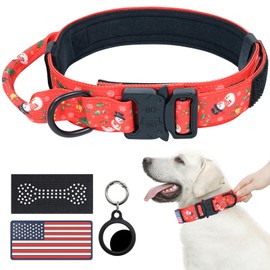 Hotsky Christmas Tactical Dog Collar, Adjustable Military Training Xmas Dog Collar with Handle and Have Duty Metal Buckle for Medium Large Dogs, with Airtag Holder and 2 Patches(M, Christmas Red)