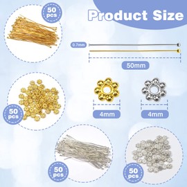 TOAOB 200pcs 50mm Silver Tone and Golden Brass Ball Head Pins Needles Jewelry Pins and Spacer Beads Suitable for 0.8mm to 4mm Holes