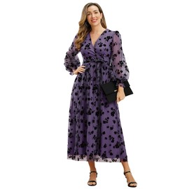 Mesh Long Sleeve Floral Embroidery Dress for Women Flower Embroidery Tulle Dress Puff Sleeve V Neck Floral Embroidered Long Sleeve Maxi Dress Floral Long Dress Fall Formal Evening Party Dress Purple S
