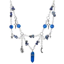 MOSTORY Blue Crystal Fairy Necklace - Woodland Beaded Necklace with Moon and Sun for Women Renaissance, Layered Forest Crystal Choker for Renfaire Fairycore Cosplay Fairytale