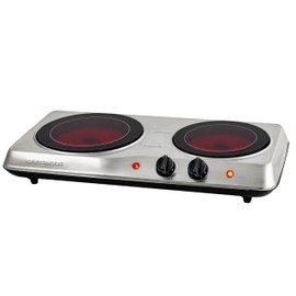 OVENTE Countertop Infrared Double Burner, 1700W Electric Hot Plate and Portable Stove with 7.75" and 6.75" Ceramic Glass Cooktop, 5 Level Temperature Setting and Easy to Clean Base, Silver BGI102S