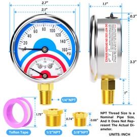 MEANLIN MEASURE 0-160Psi Stainless Steel Thermal Pressure Gauge 30-250℉ 1/4" NPT 2.5" FACE DIAL Liquid Filled Pressure Gauge, with 1/2" NPT and 3/8" NPT Hex Bushing, Lower Mount