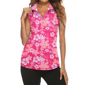 Tanst Sky Plus Size Exercise Clothes for Women 3X, Ladies Athletic Sleeveless Tops Quarter Zip Racerback Golf Apparel Loose Fit Workout Tennis Pickle Ball Polo Clothing Pink White Flowers 3X-Large