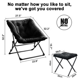 OAKHAM Comfy Saucer Chair for Adults, Soft Faux Fur Folding Lounge Chair for Bedroom Living Room Dorm Rooms Flexible Reading Chair for Teens Kids, X-Large Foldable Chair (Ottoman-Black)
