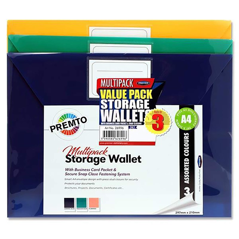 Premier Stationery Premto A4 Button Storage Wallets. Assorted Colours. Pack