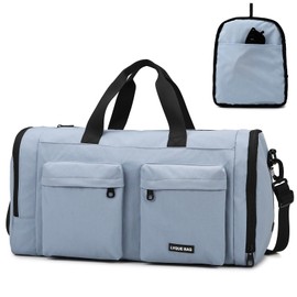 Outplea 30L Large Foldable Gym Duffel Bags with Shoe Compartment for Women, Small Packable Carry on Weekender Travel Duffle Bag with Wet Pocket, Blue