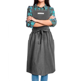 SPDYCESS Cotton Linen Apron, Japanese Style Pinafore with Pockets, Casual Bib for Cooking, Gardening, Coffee Shop, One Size, Black