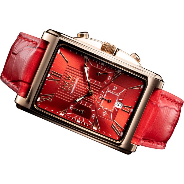 JMW TOKYO Men's Square Wristwatch, Red & Rose Gold, Square,