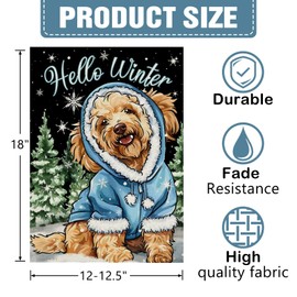 Dyrenson Hello Winter Goldendoodle Dog Decorative Garden Flag, Pine Tree Yard Outside Home Decorations Pet Lover Gift, Christmas Seasonal Burlap Outdoor Small Decor Double Sided 12 x 18