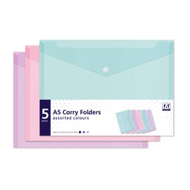 5 Assorted Pastel Colour A5 Document Stud Wallets Plastic Carry Popper Folder Pink Aqua