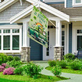 OPULANE Happy St Patricks Day House Flag 28x40 Inch Double Sided Lucky Clovers Shamrocks Gnome Rainbow Truck Outside Large Holiday Flag for Yard Outdoor Decoration